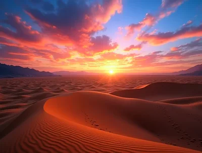 Vibrant Sunset Over Vast Desert Sand Dunes