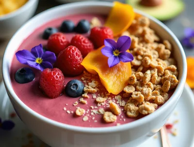 Acai Smoothie Bowl Topped With Fresh Berries And Granola