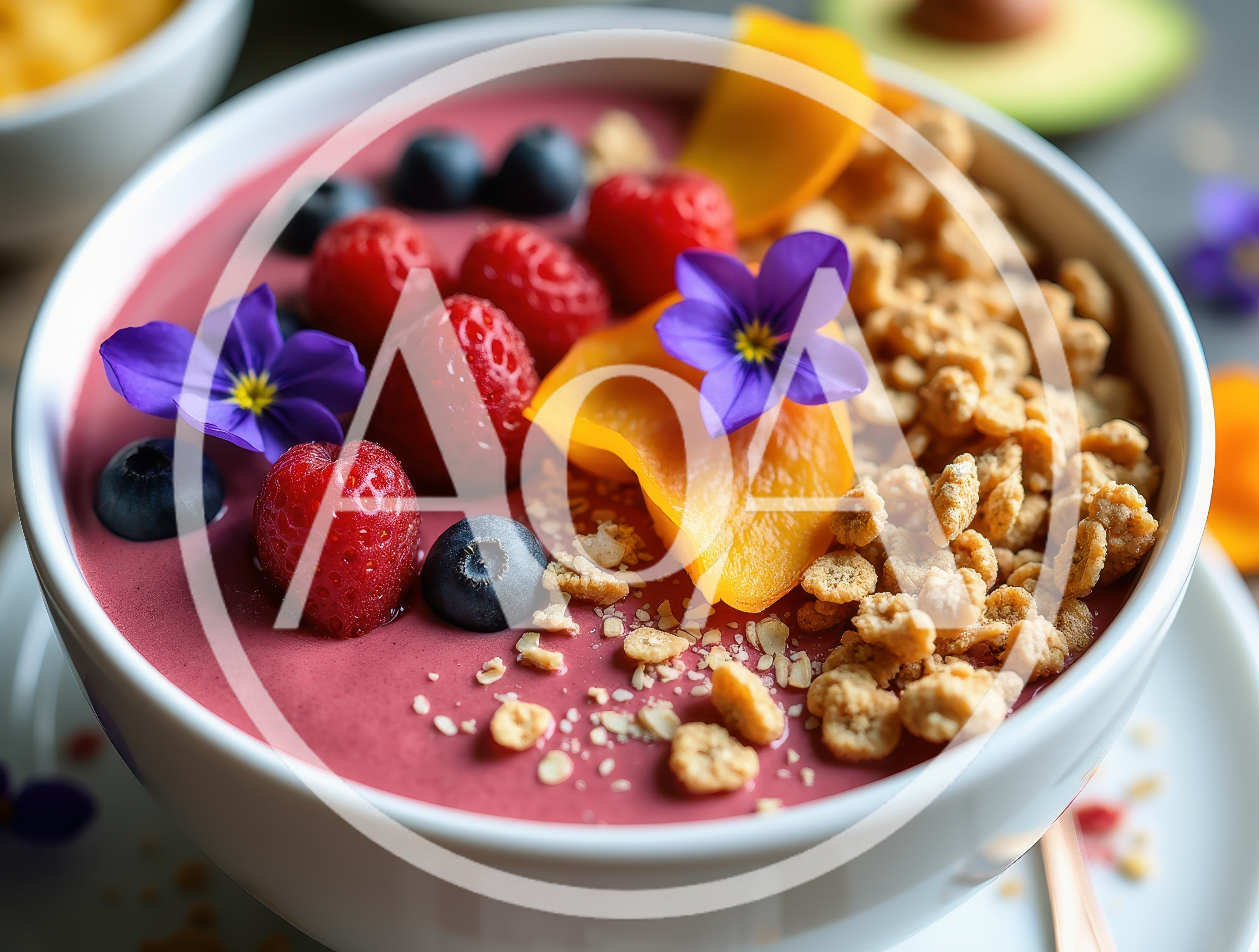 Acai Smoothie Bowl Topped With Fresh Berries And Granola