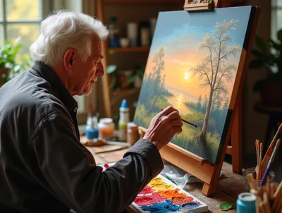 Elderly Artist Painting A Sunset Landscape On Canvas