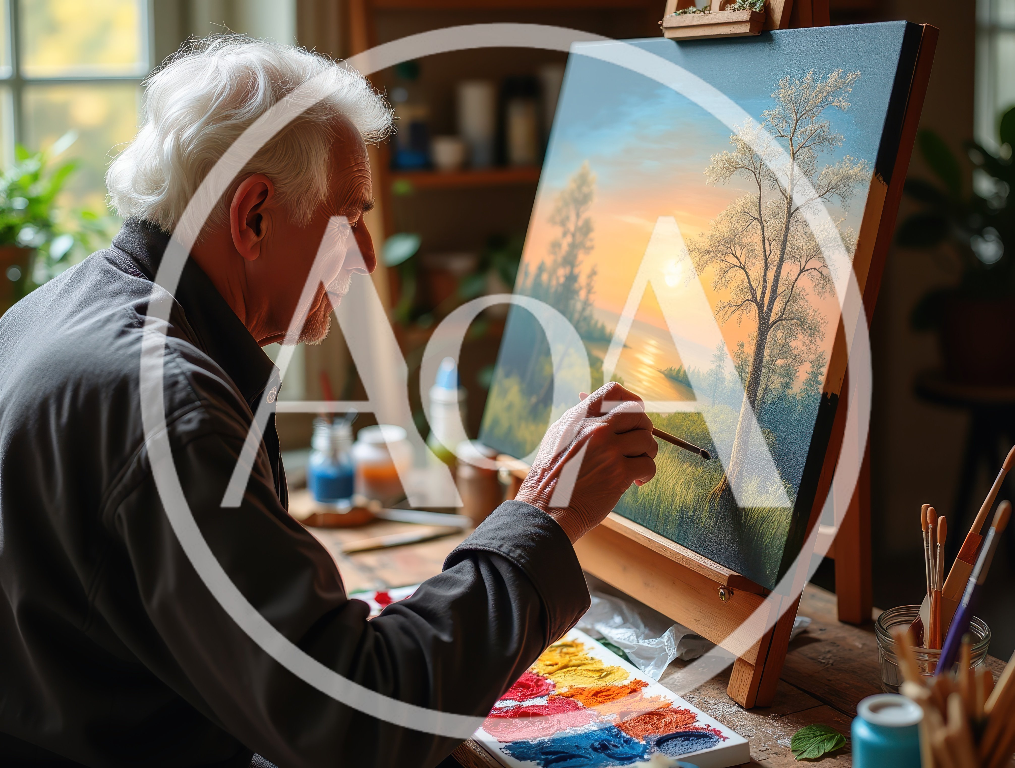 Elderly Artist Painting A Sunset Landscape On Canvas