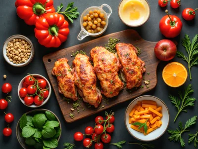 Roasted Chicken Thighs With Fresh Vegetables And Fruits