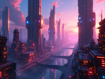 Futuristic Cyberpunk Cityscape With Glowing Skyscrapers At Sunset