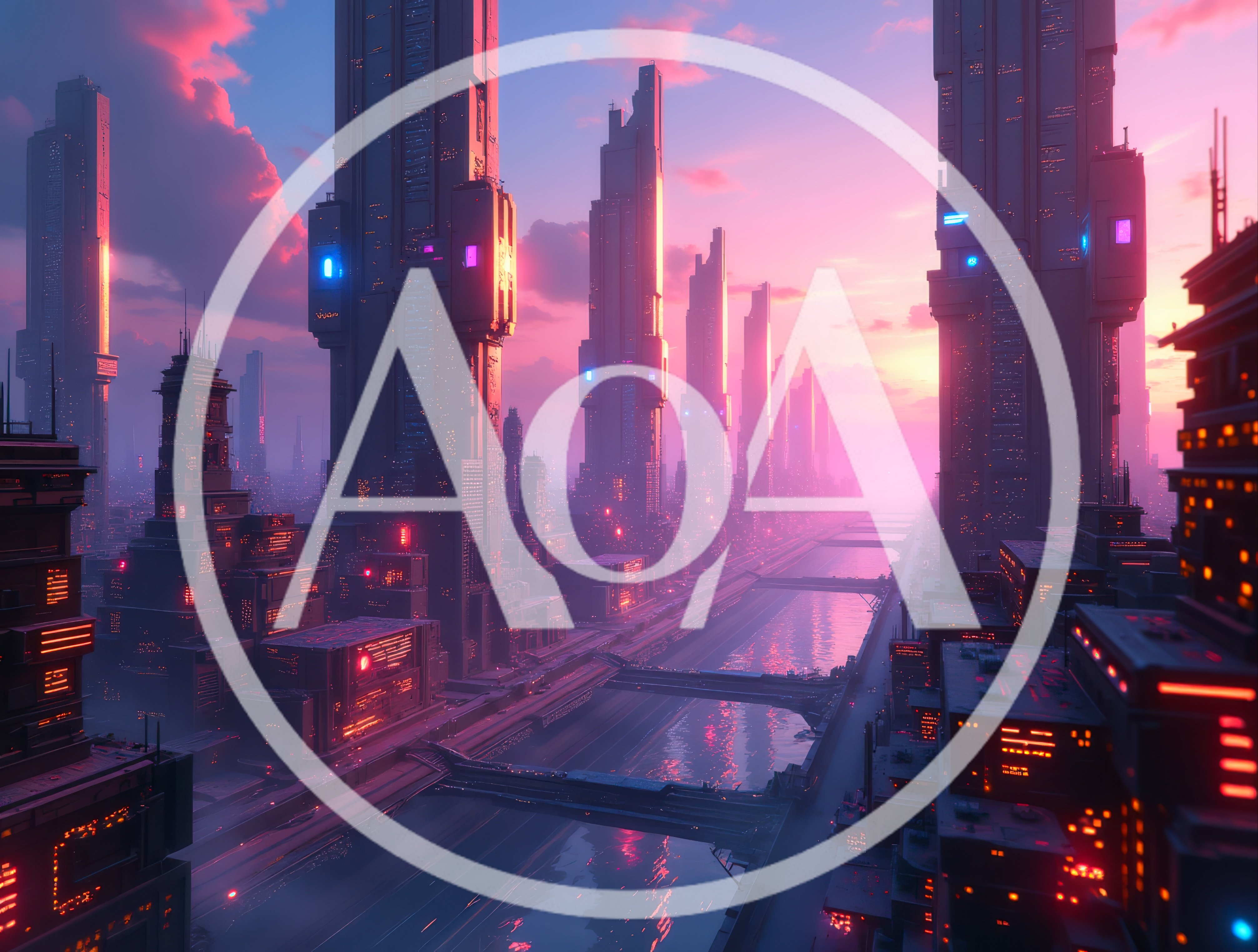Futuristic Cyberpunk Cityscape With Glowing Skyscrapers At Sunset