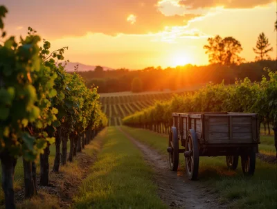 Wooden Farm Cart In A Vineyard At Sunset