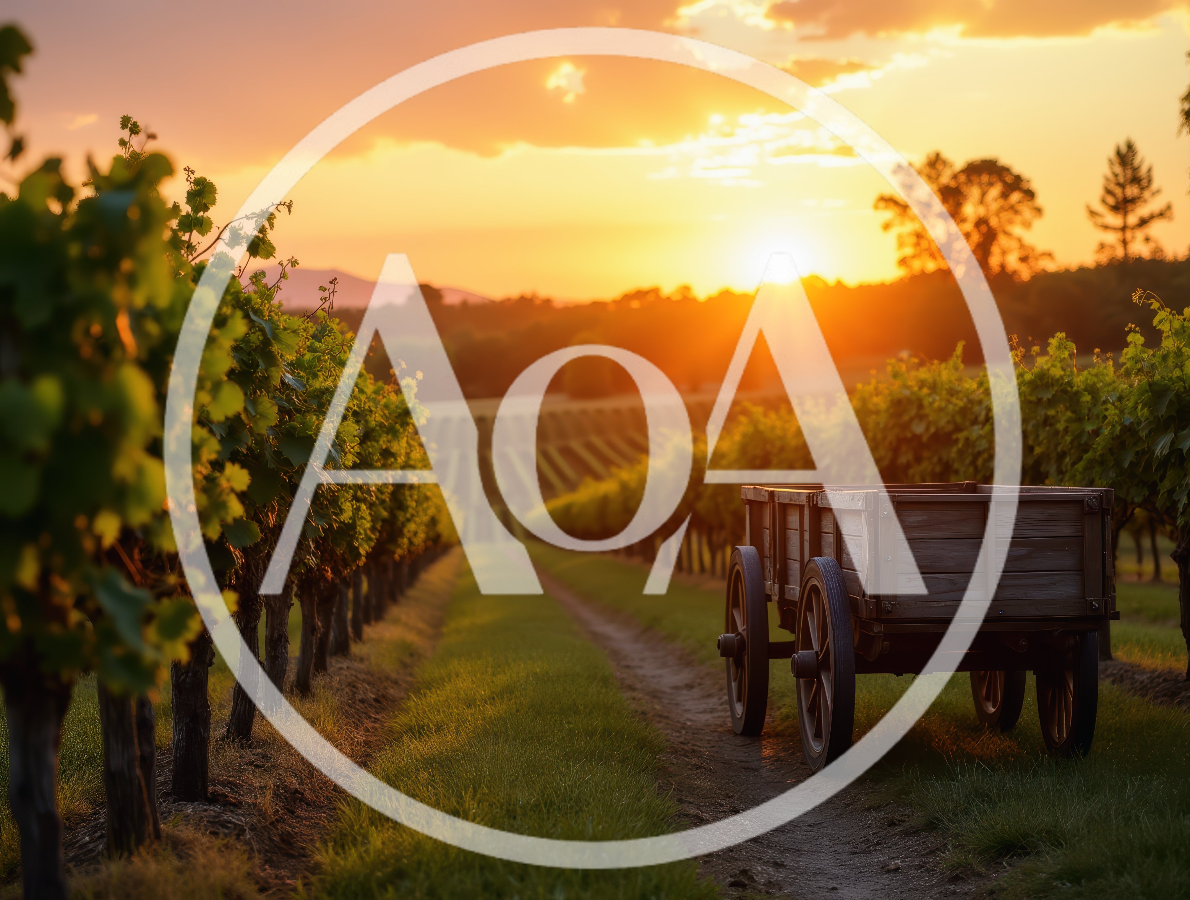 Wooden Farm Cart In A Vineyard At Sunset