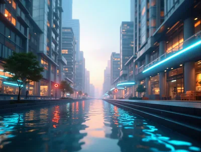 Futuristic City Street With Water Canal At Sunset