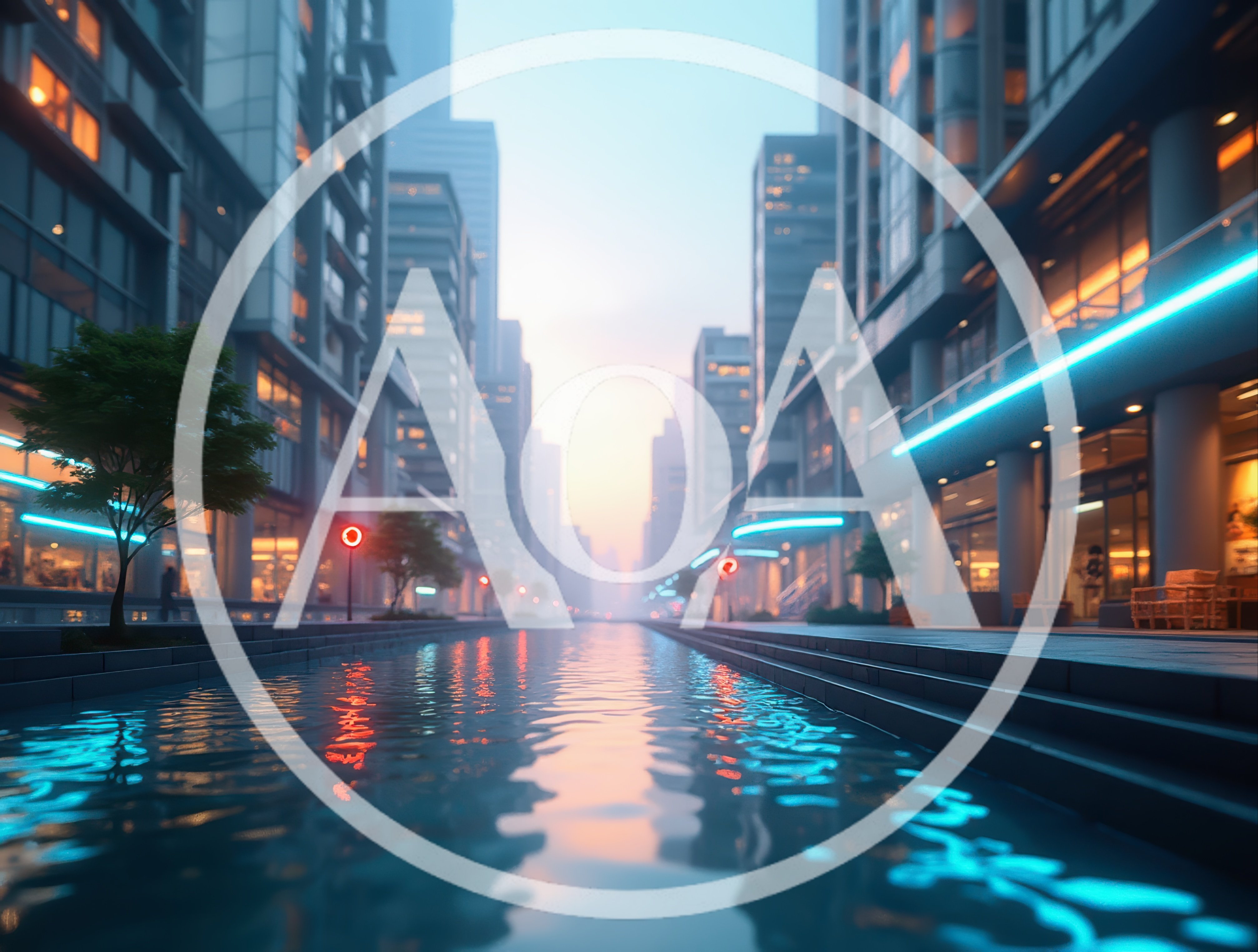 Futuristic City Street With Water Canal At Sunset