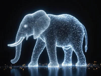 Glowing Particle Elephant Walking In Dark Space