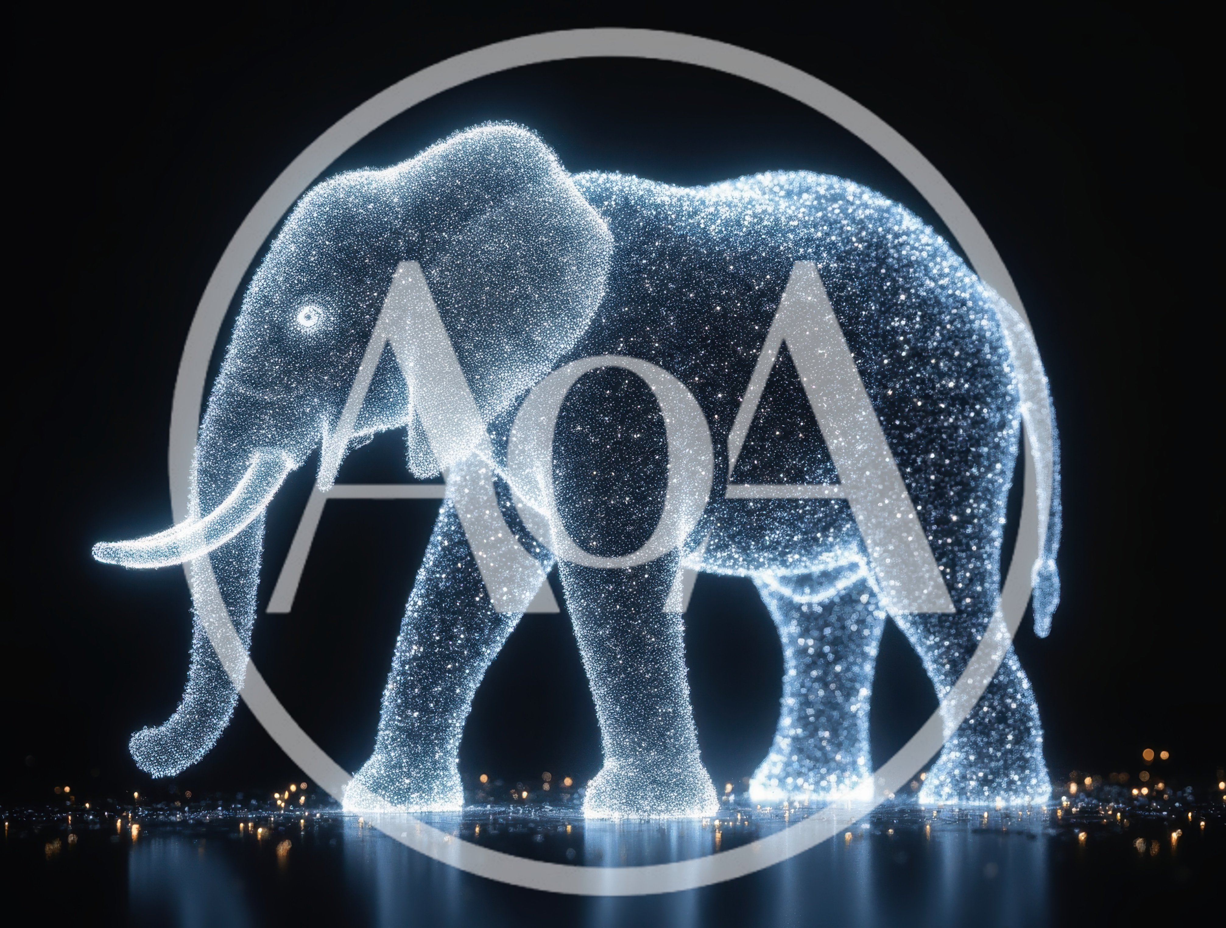Glowing Particle Elephant Walking In Dark Space