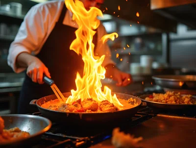 Professional Chef Flambeing Food In A Restaurant Kitchen