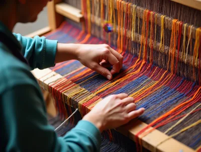 Artisan Weaving Colorful Threads On A Traditional Loom