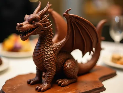 Intricate Chocolate Dragon Sculpture On A Wooden Platter