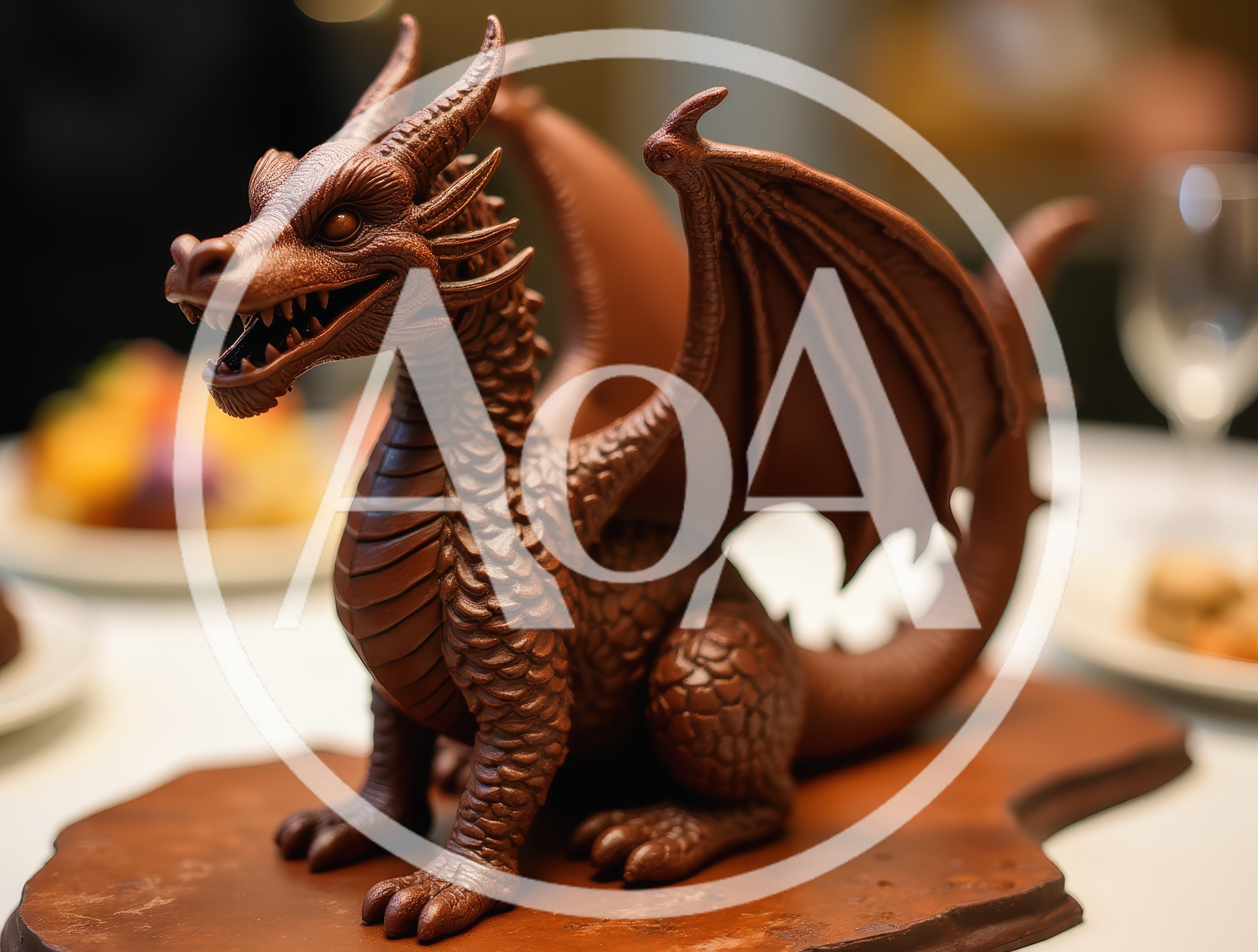 Intricate Chocolate Dragon Sculpture On A Wooden Platter