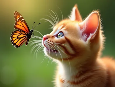 Ginger Kitten Gazing At A Monarch Butterfly
