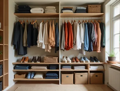 Organized Walk In Closet With Hanging Clothes And Shoes