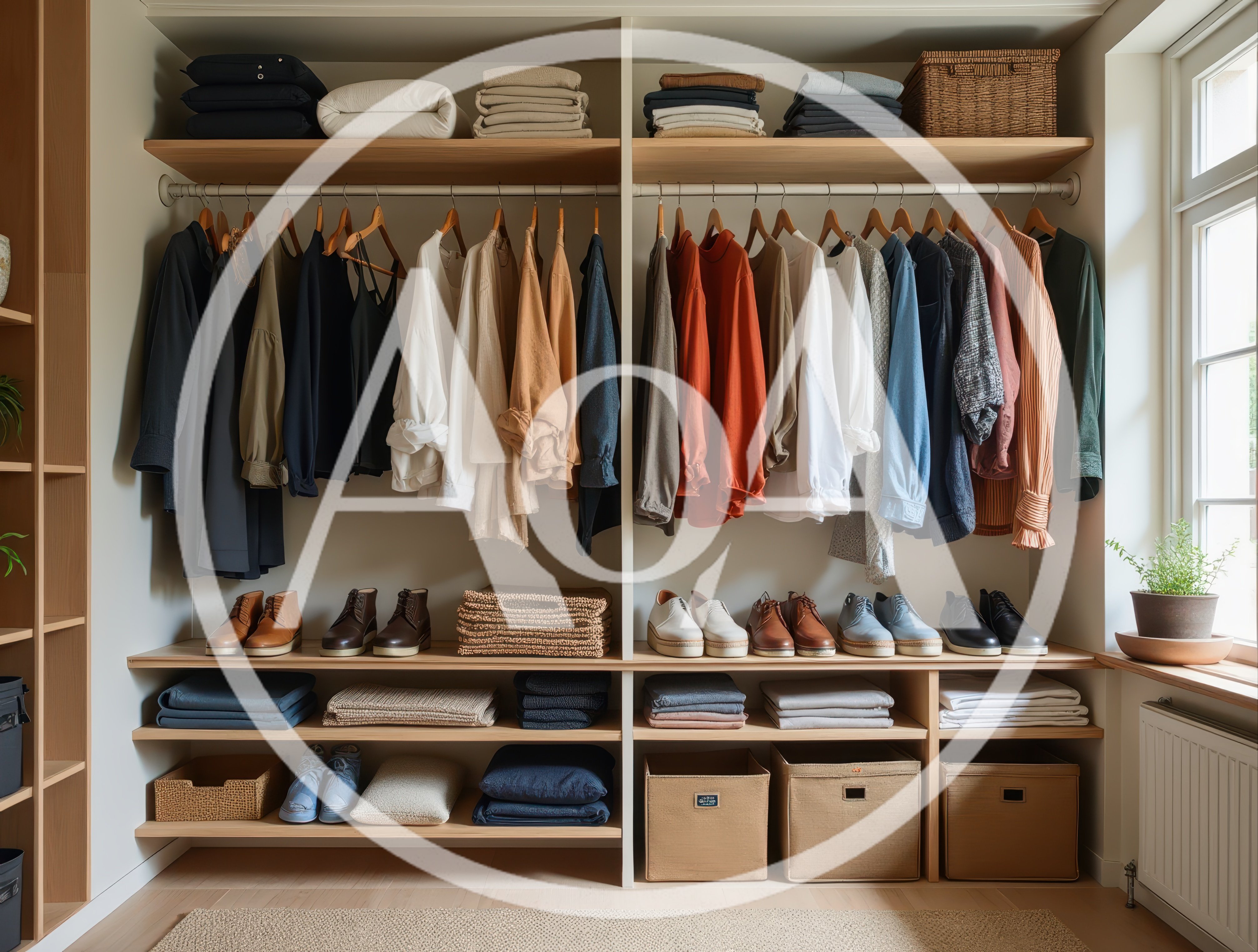 Organized Walk In Closet With Hanging Clothes And Shoes