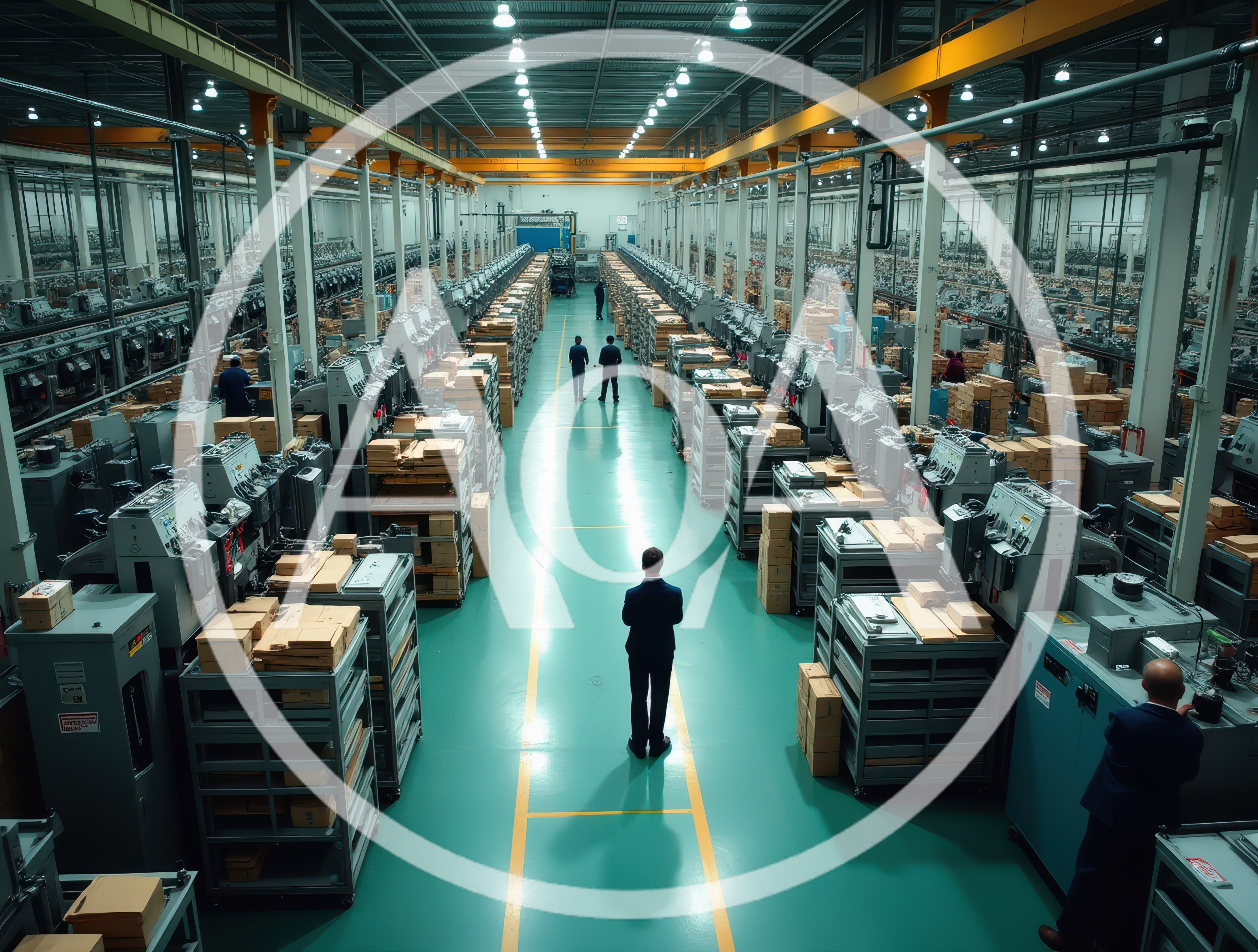 Business Professionals Walking Through A Modern Industrial Factory