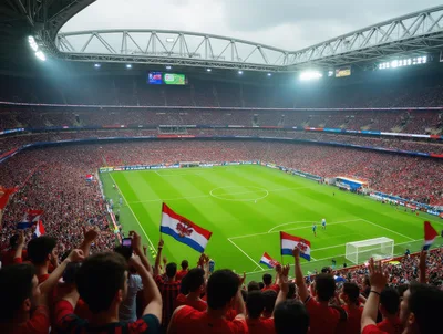 Crowd Waving Serbian Flags at a Packed Football Stadium
