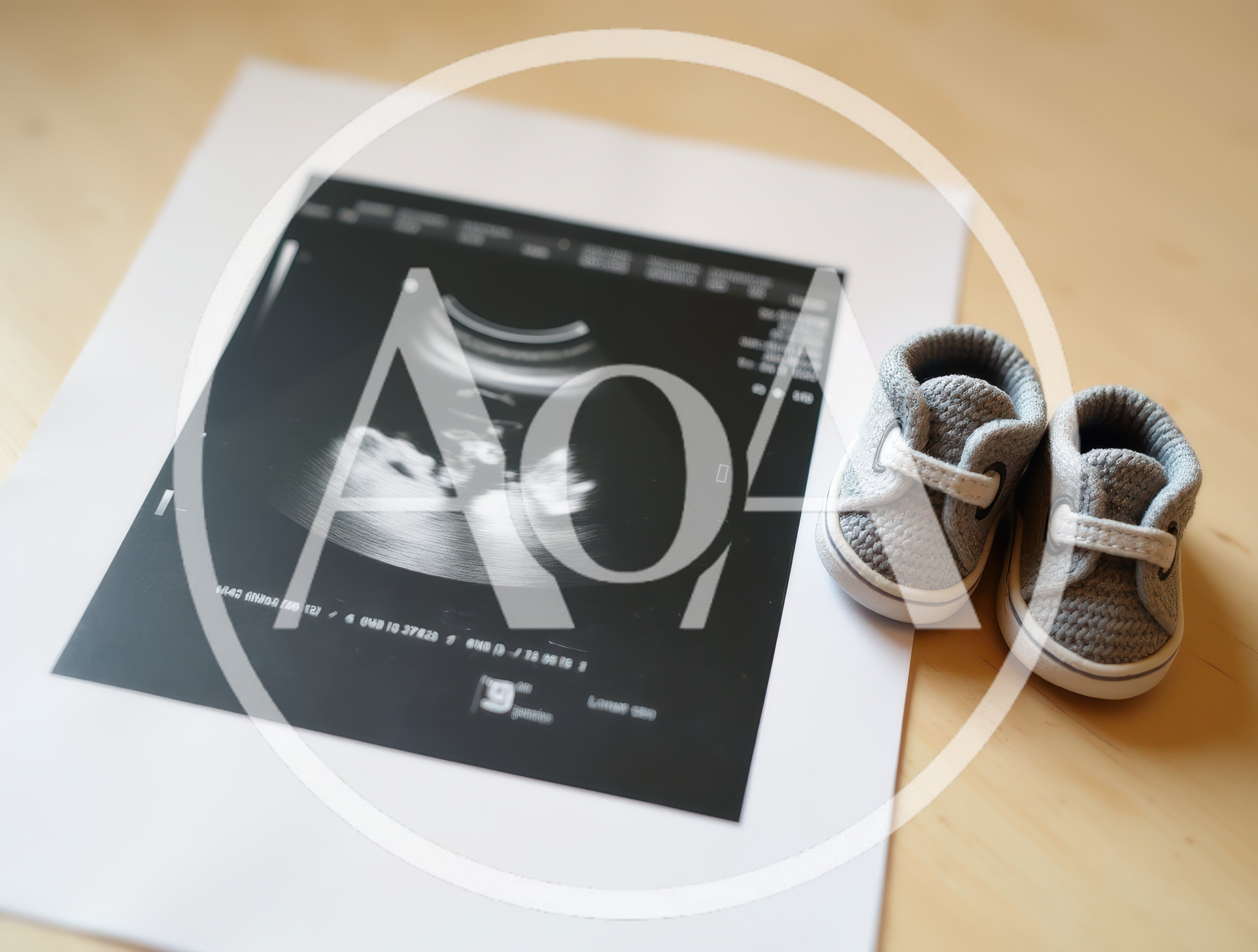 Ultrasound Scan With Baby Shoes On Wooden Table