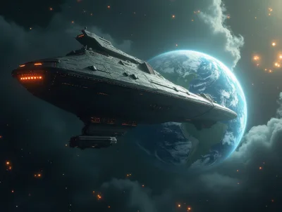 Massive Sci-Fi Spaceship Orbiting Earth