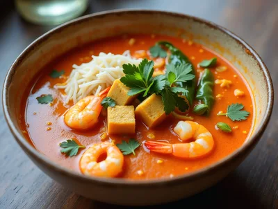 Bowl Of Spicy Shrimp And Tofu Noodle Soup