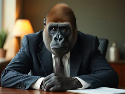Gorilla Businessman Sitting At Office Desk