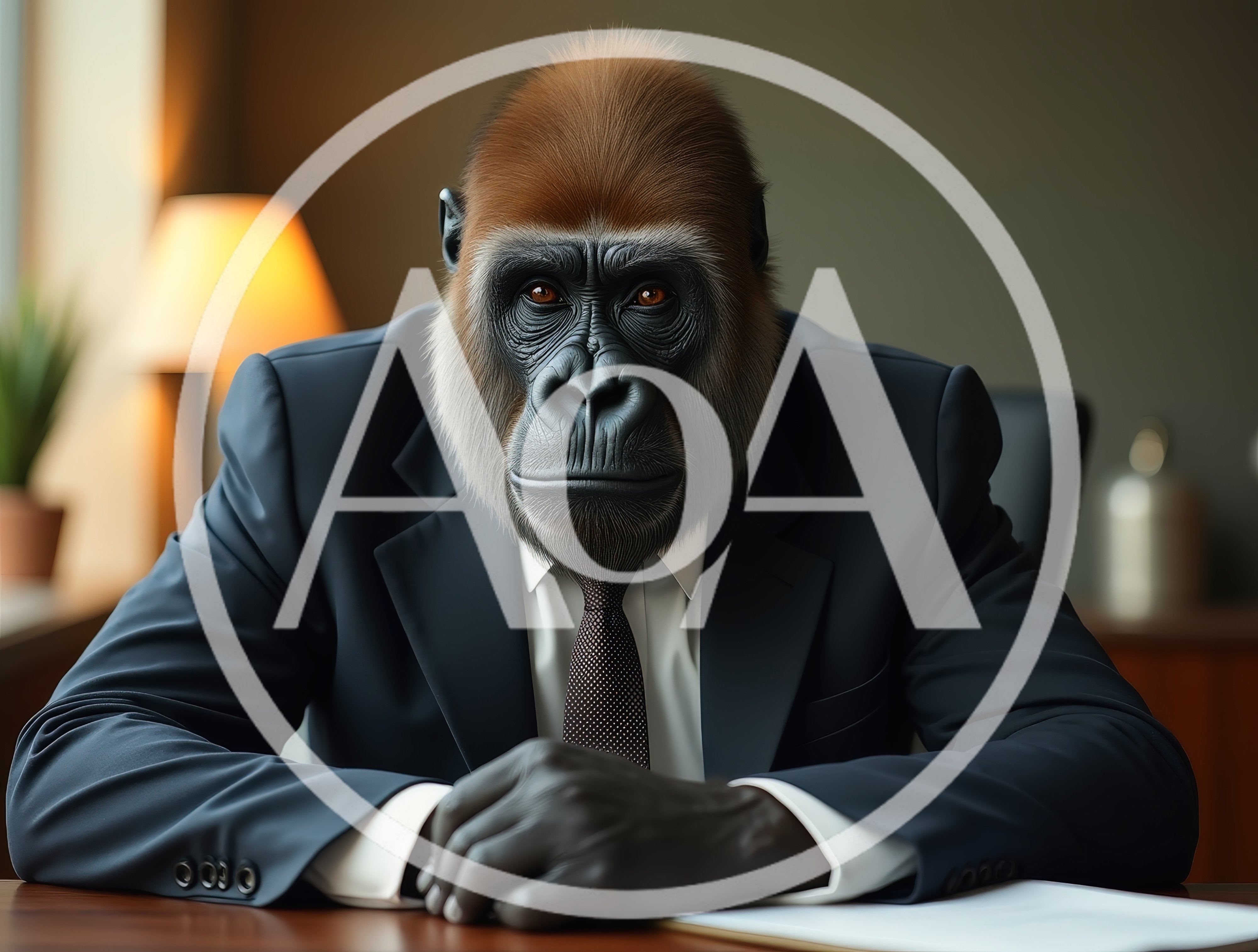 Gorilla Businessman Sitting At Office Desk