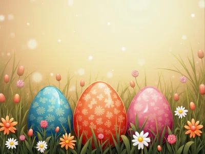 Three Decorated Easter Eggs In A Grassy Meadow