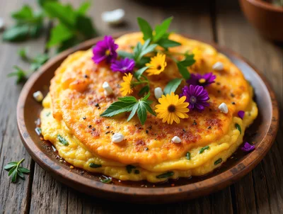 Gourmet Savory Pancake Topped With Edible Flowers