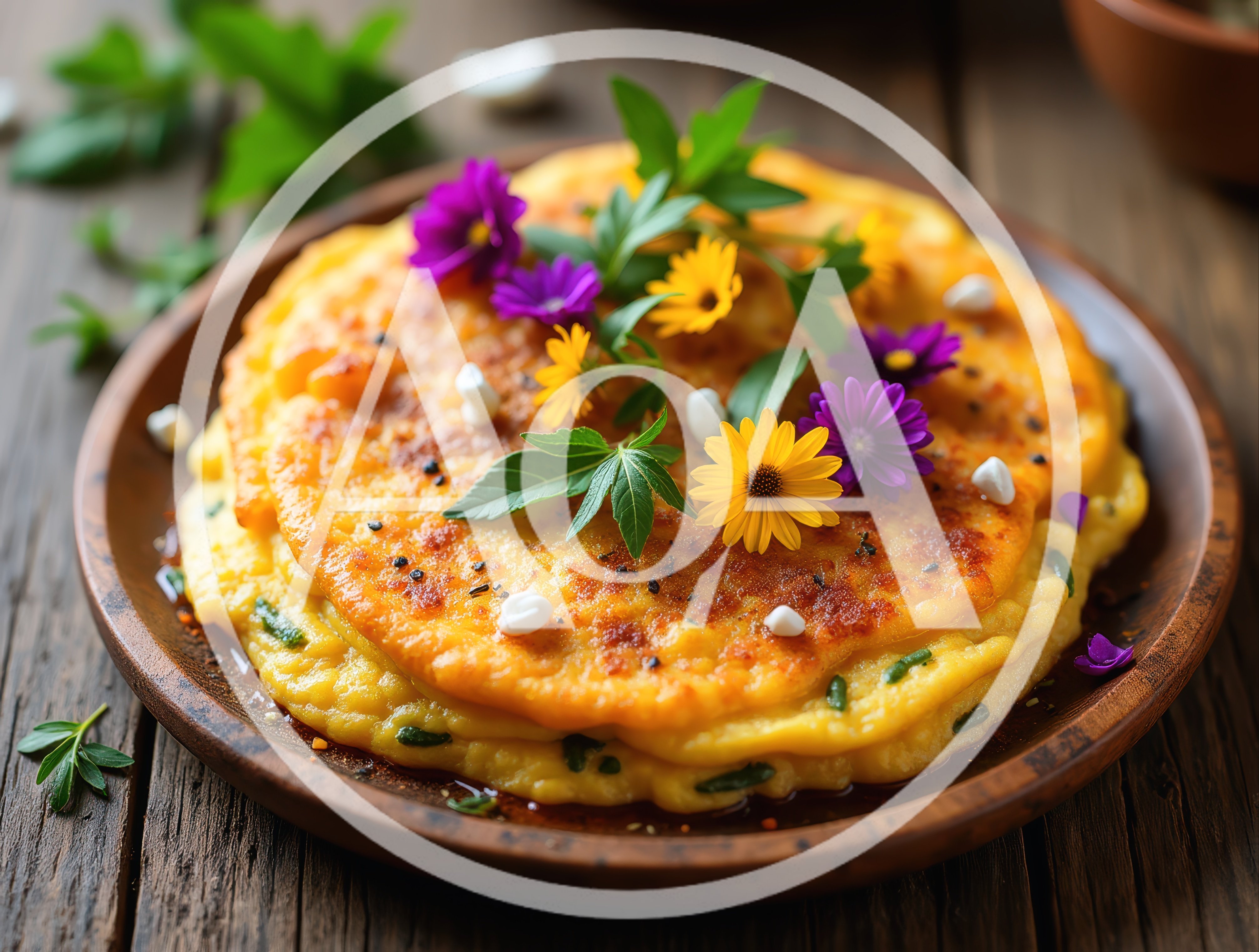 Gourmet Savory Pancake Topped With Edible Flowers