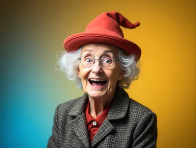 Excited Elderly Woman Wearing A Red Witch Hat