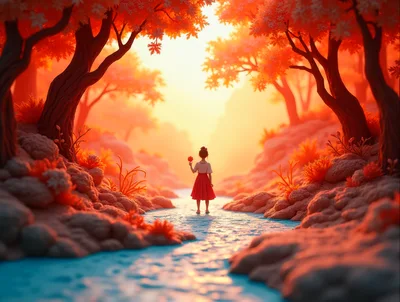 Young Girl Standing in a Magical Autumn Stream