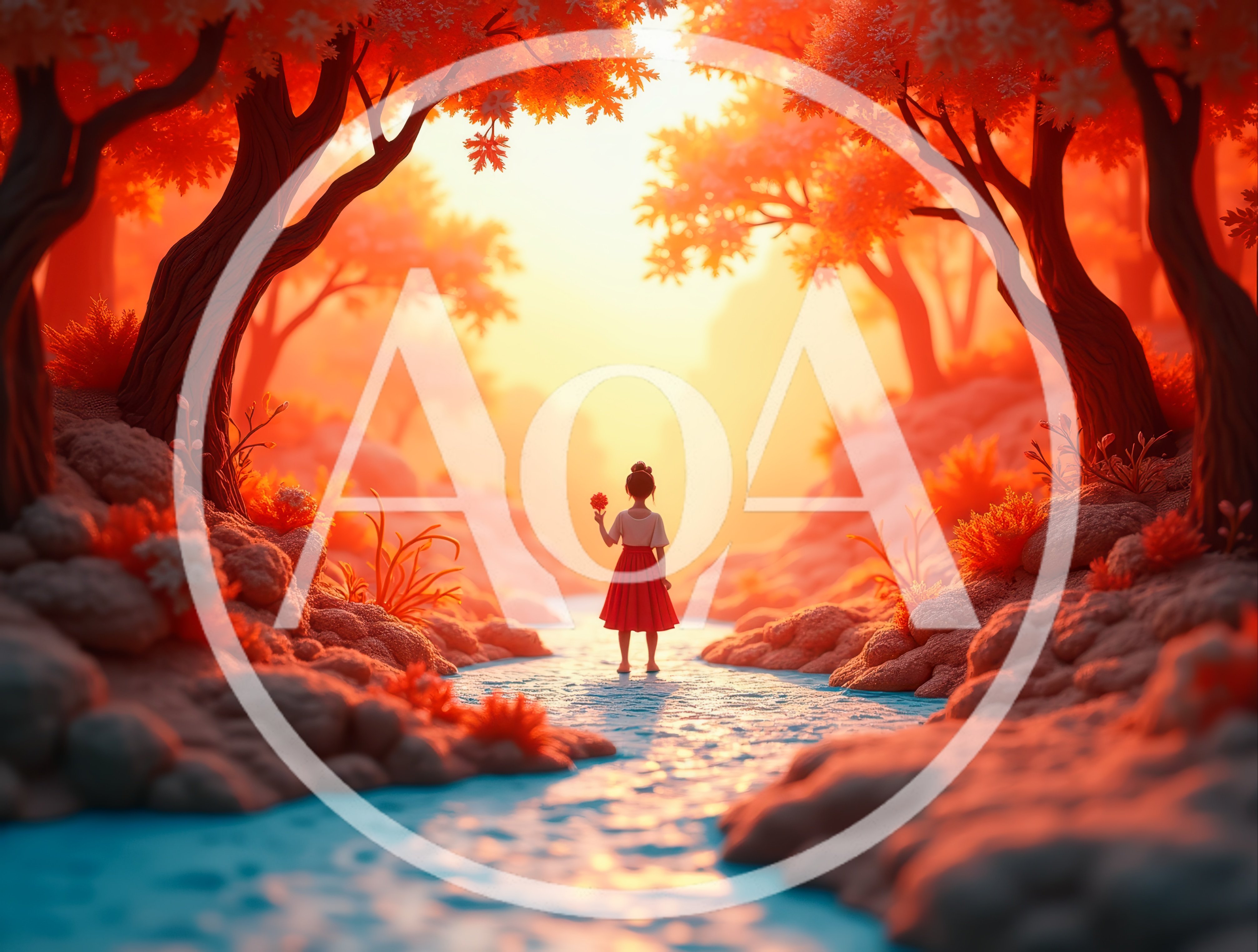 Young Girl Standing in a Magical Autumn Stream