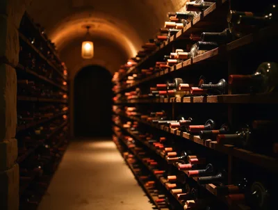 Rows of Wine Bottles in a Dimly Lit Cellar