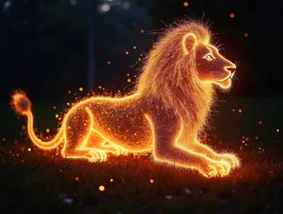 Glowing Ethereal Lion Made Of Golden Light Particles