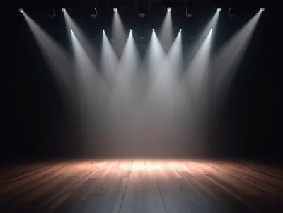 Empty Wooden Stage With Dramatic Spotlight Beams