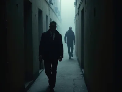 Man in Suit Walking Through Foggy Alleyway