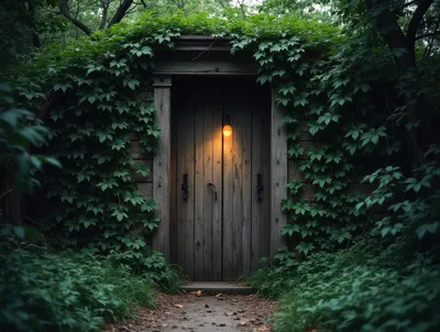 Wooden Door Covered In Ivy In A Forest