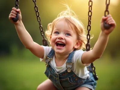 Happy Toddler Girl Swinging on Playground Swing