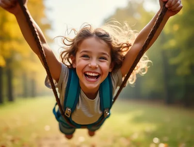 Happy Child Swinging on a Rope Swing in Autumn