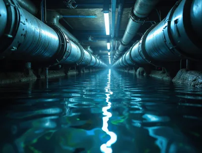 Industrial Underground Tunnel With Large Pipes And Water