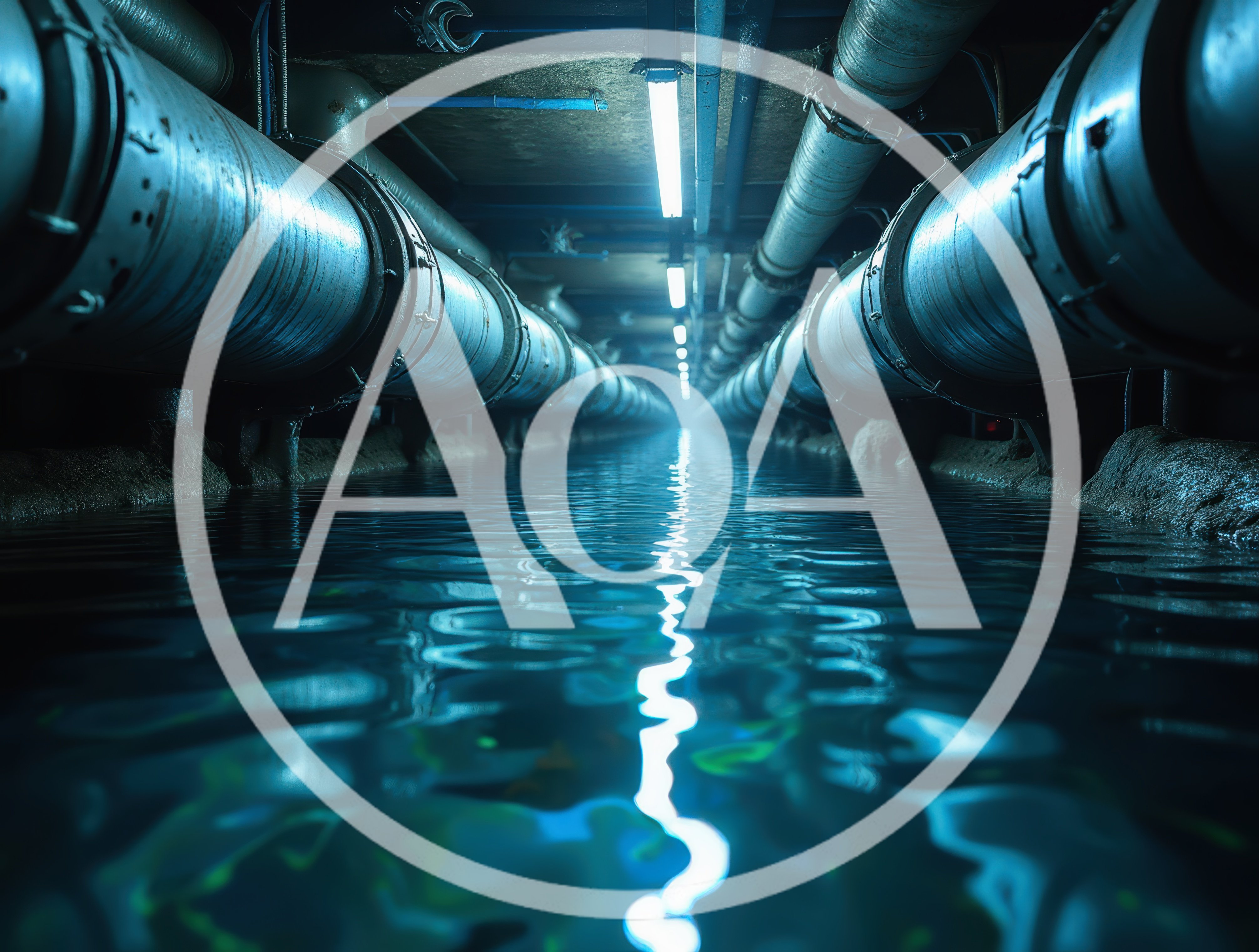 Industrial Underground Tunnel With Large Pipes And Water