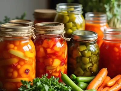 Assorted Homemade Pickled Vegetables In Glass Jars