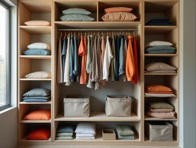 Organized Wooden Closet With Hanging Clothes And Folded Linens