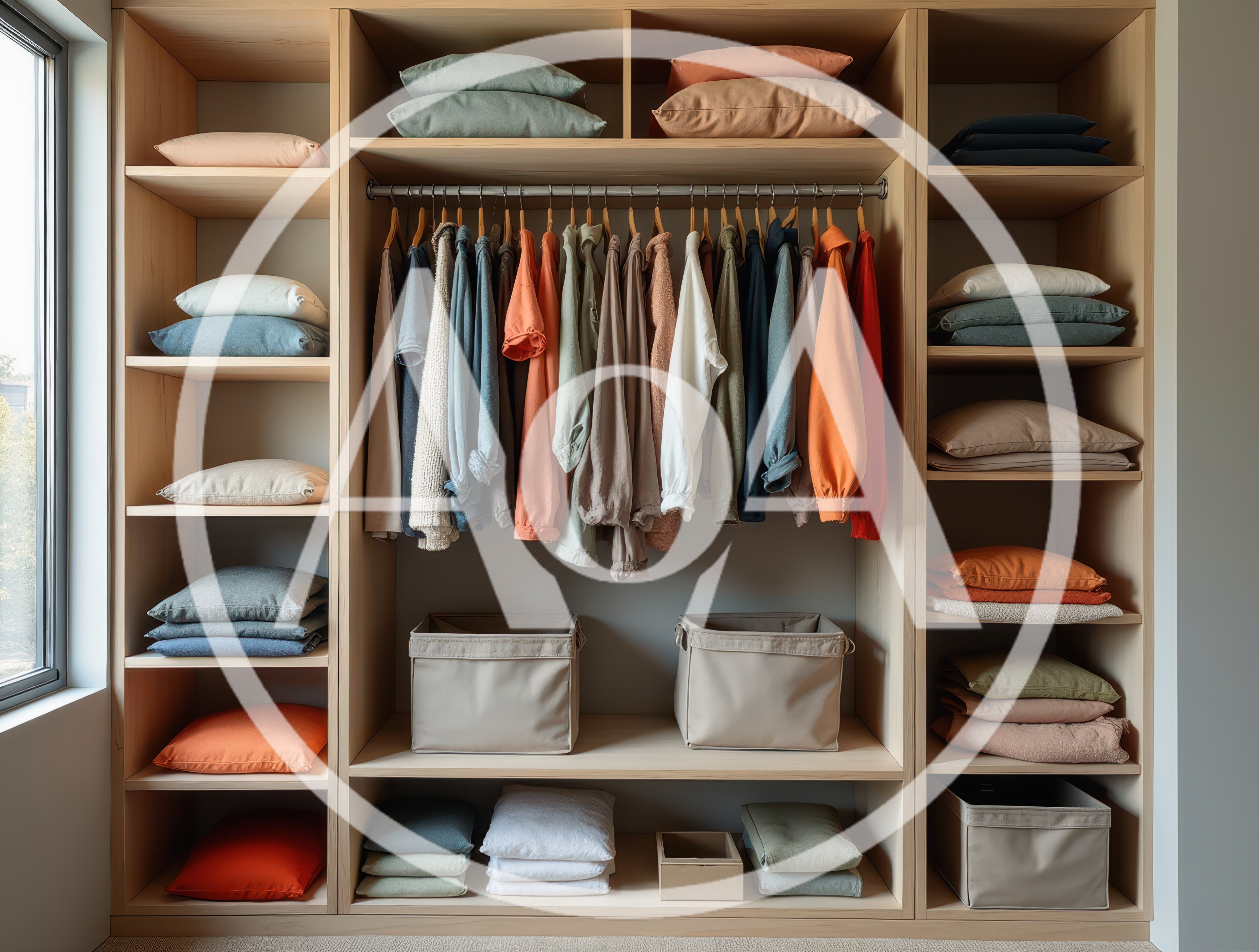 Organized Wooden Closet With Hanging Clothes And Folded Linens