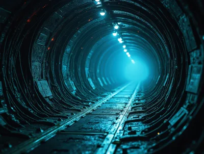 Futuristic Underground Tunnel With Glowing Blue Lights