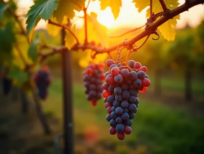 Clusters Of Ripe Red Grapes Hanging On Vine