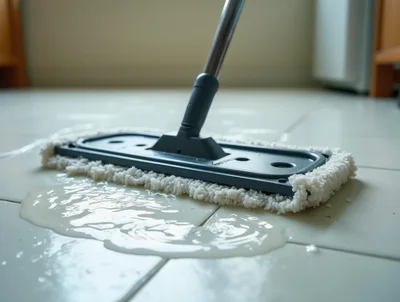 Cleaning Spilled Liquid On White Tiled Floor With Mop