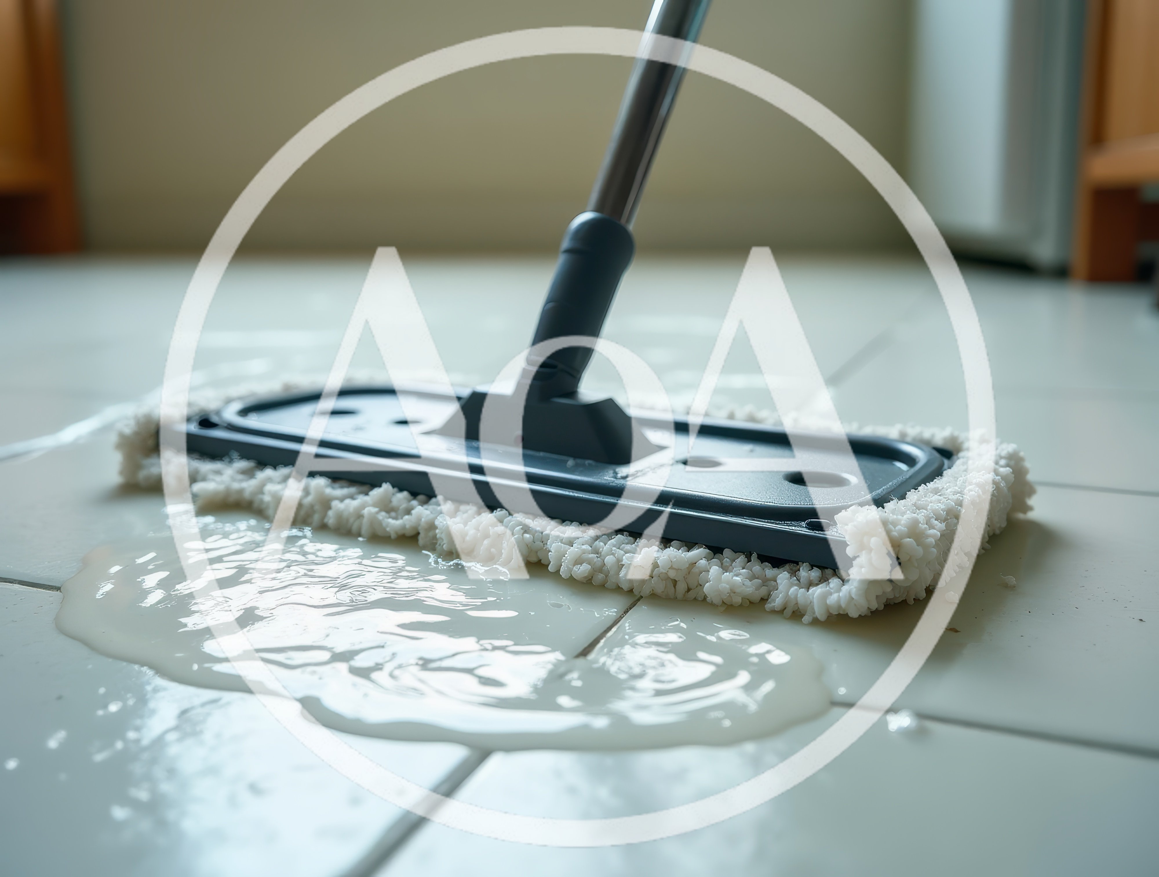 Cleaning Spilled Liquid On White Tiled Floor With Mop